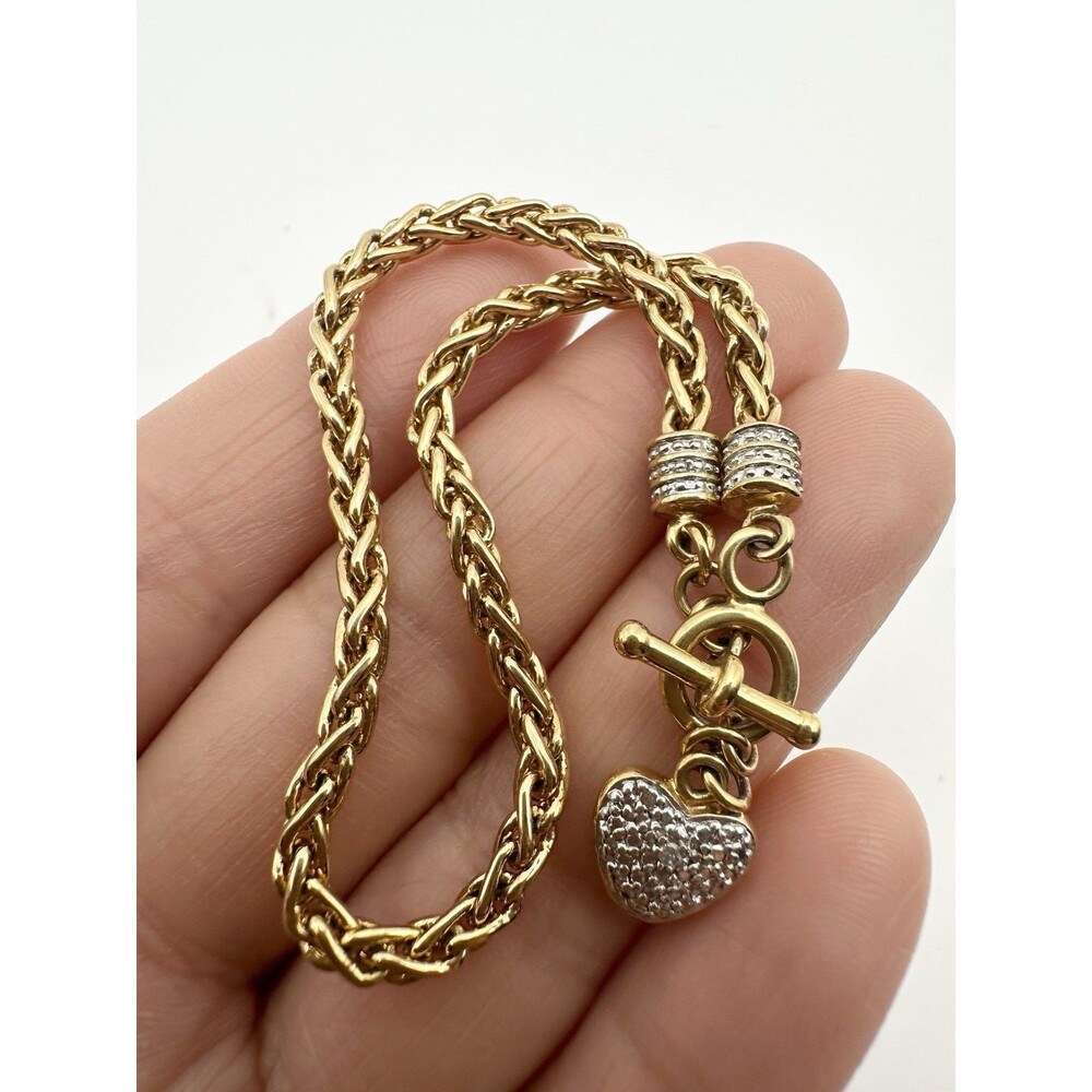 Romanza 18k Gold Plated Heart Charm Diamond Toggle Bracelet 7.5”